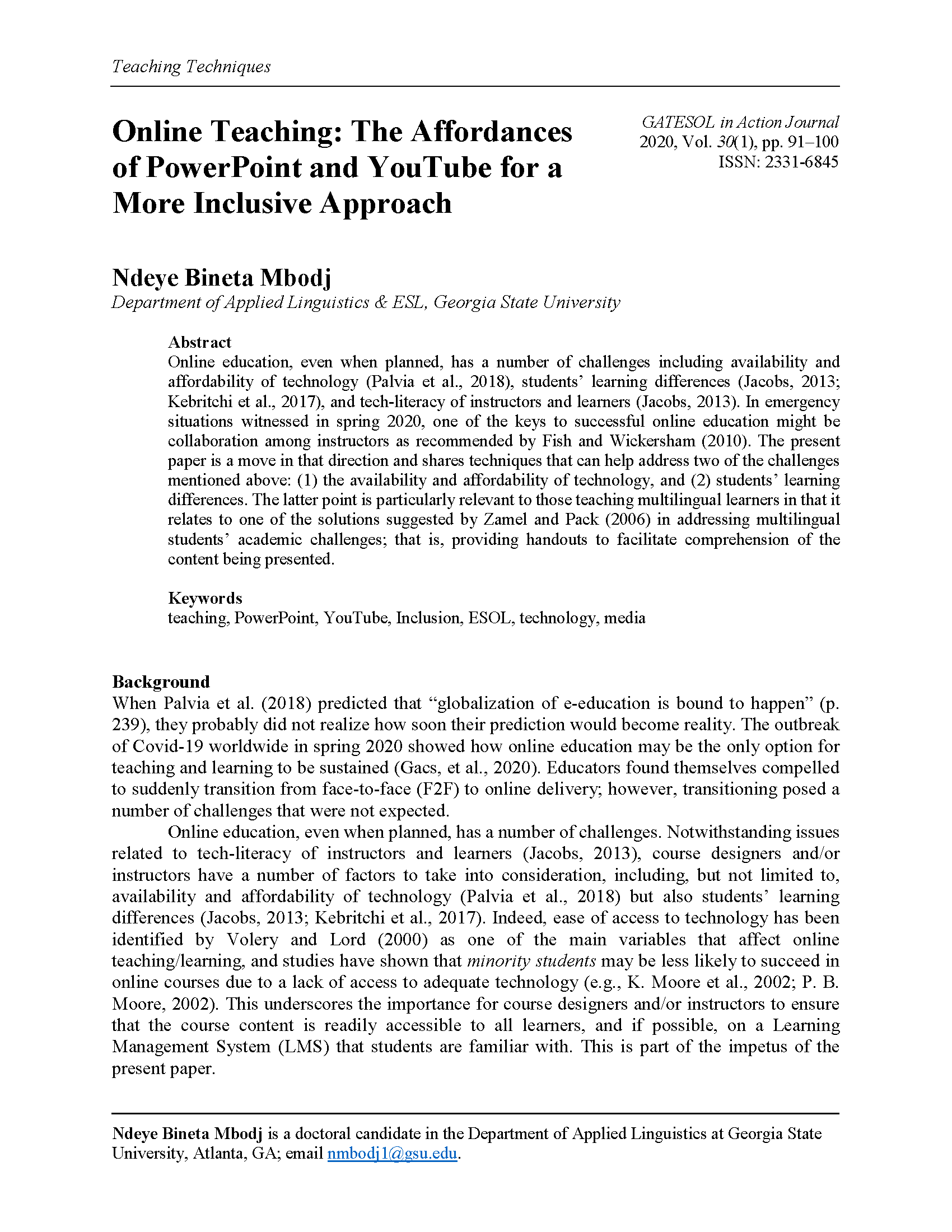 Online Teaching Using PowerPoint & YouTube (Mbodj, 2020)