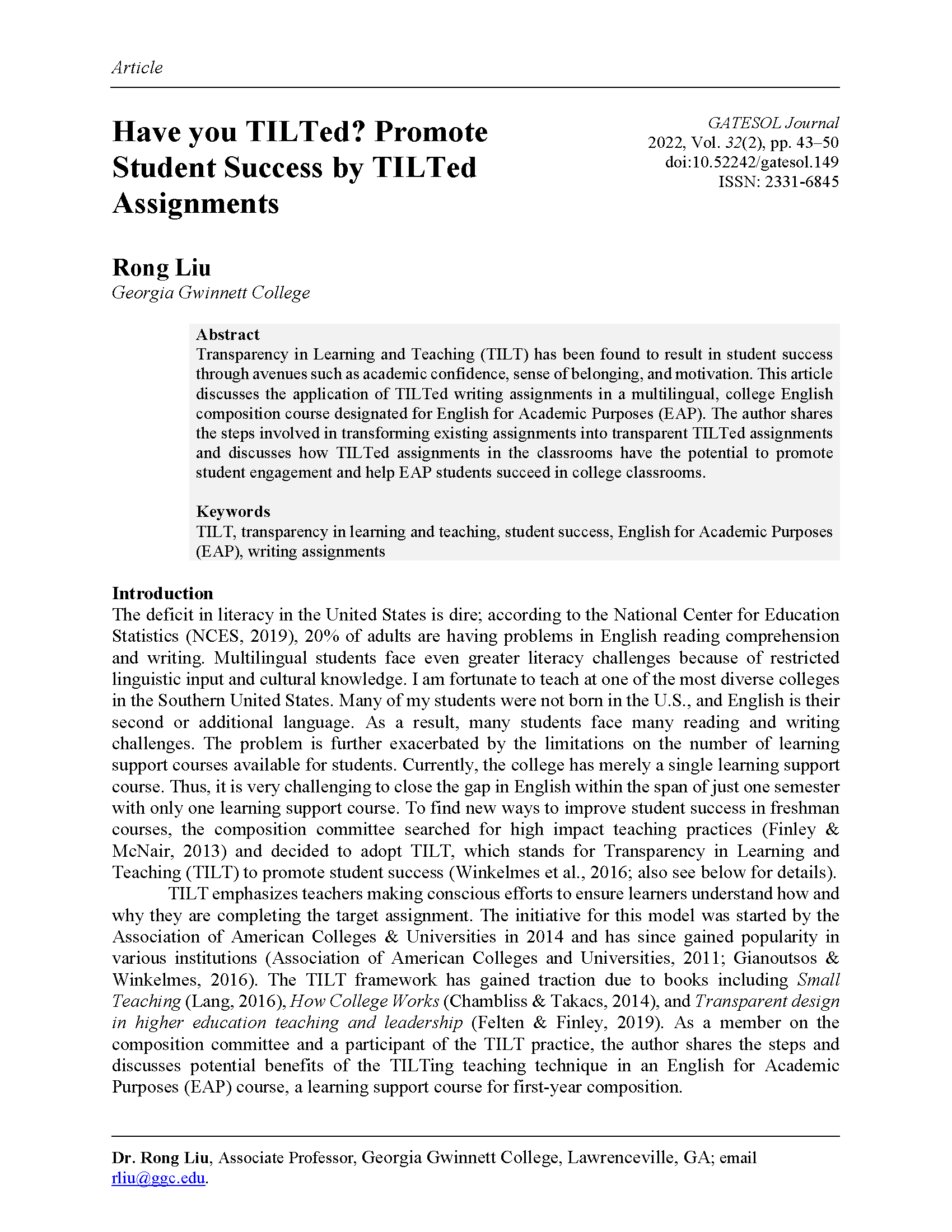 Student Success by TILTed Assignments (Liu, 2022)